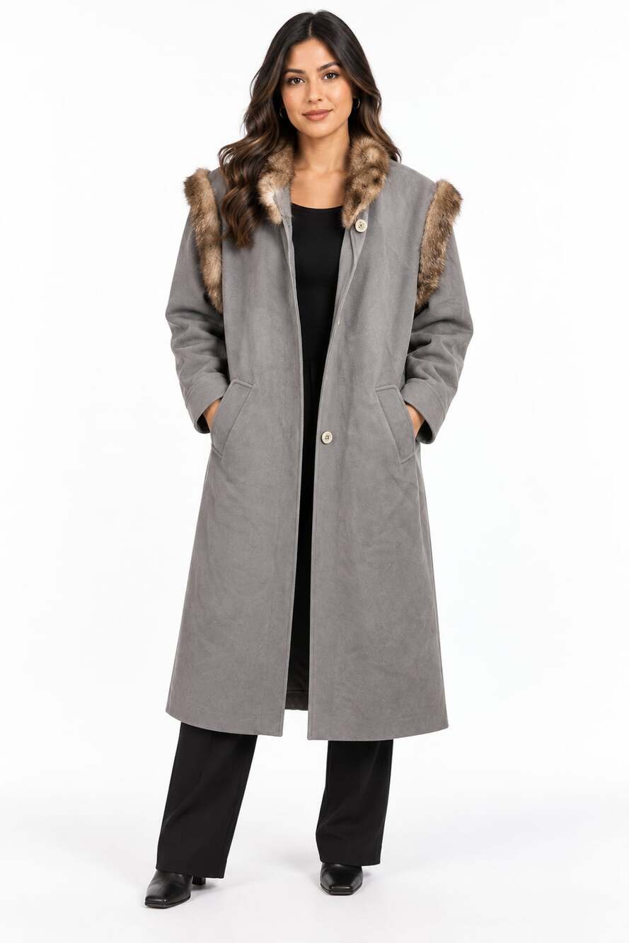 Fur Trim Trench Coat Size 9G Grey long coat